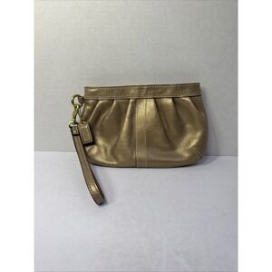 Coach Ergo Pleated Metallic Gold Leather Wristlet Clutch Bag with Brass Hardware